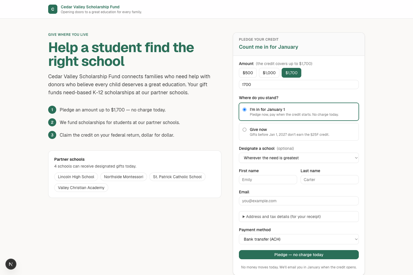 The donor giving page: pledge up to the $1,700 federal §25F credit, designate a school, and give with no charge until the credit opens.